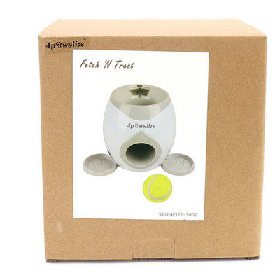 White and grey automatic tennis ball launcher for dogs, dispensing food, with a tennis ball and kibble bowl. - Image 7