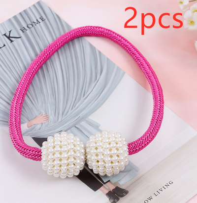 Magenta elastic curtain tieback with two white pearl-beaded spheres, designed to hold curtains elegantly. - Image 12