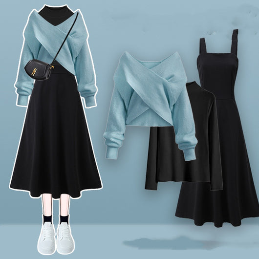 Conjunto de 3 Piezas: Suéter Cruzado con Vestido Base y Blusa