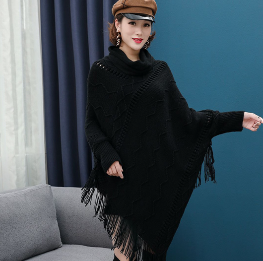 Poncho Tejido Cuello Alto con Flecos - Abrigo Cálido para Otoño e Invierno - Image 14