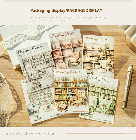 Set of 20 PET stickers featuring watercolor illustrations of cozy reading nooks, bookshelves, books, and related items. - Image 23