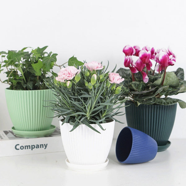 Maceta Redonda de Resina Reforzada con Rayas Verticales Verde