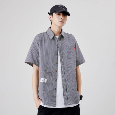 Camisa Suelta a Rayas con Múltiples Bolsillos para Hombre - Image 13
