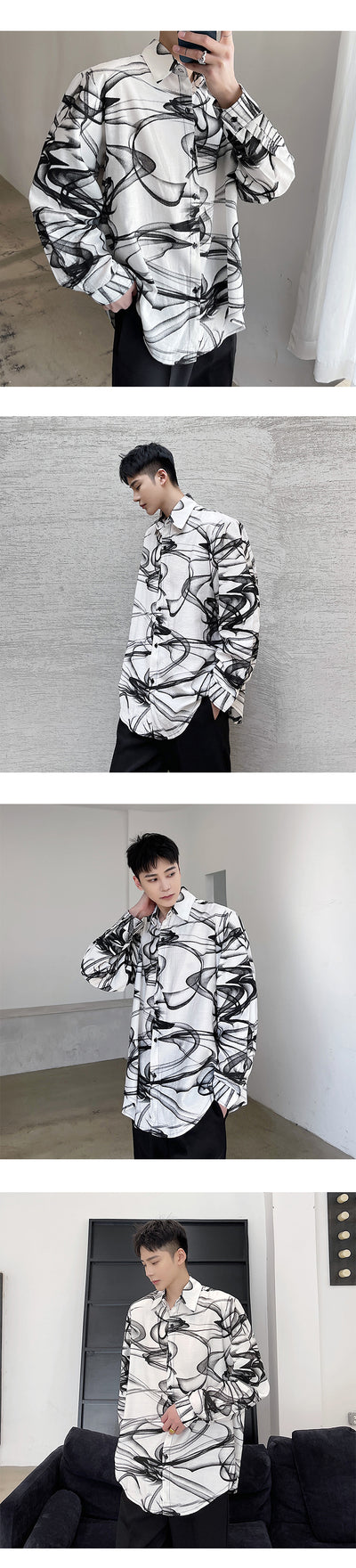 Camisa Hombre Estilo Tendencia con Estampado de Tinta en Algodón y Lino - Image 7
