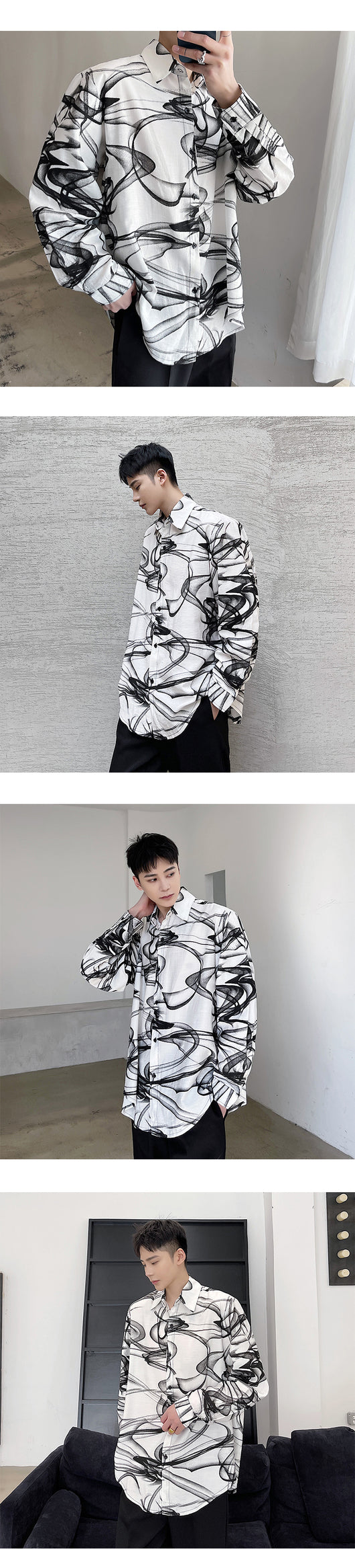 Camisa Hombre Estilo Tendencia con Estampado de Tinta en Algodón y Lino - Image 7