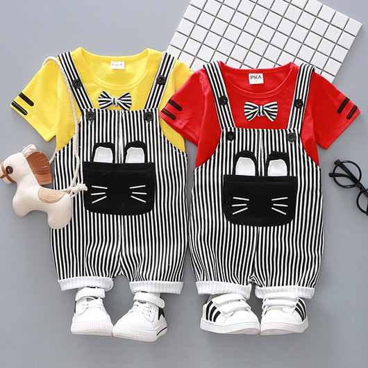 Conjunto Infantil Coreano de Dos Piezas con Tirantes y Diseño Cartoon