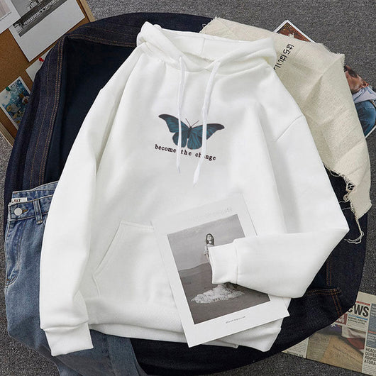 Sudadera con Capucha de Terciopelo y Estampado de Mariposas - Talla Plus