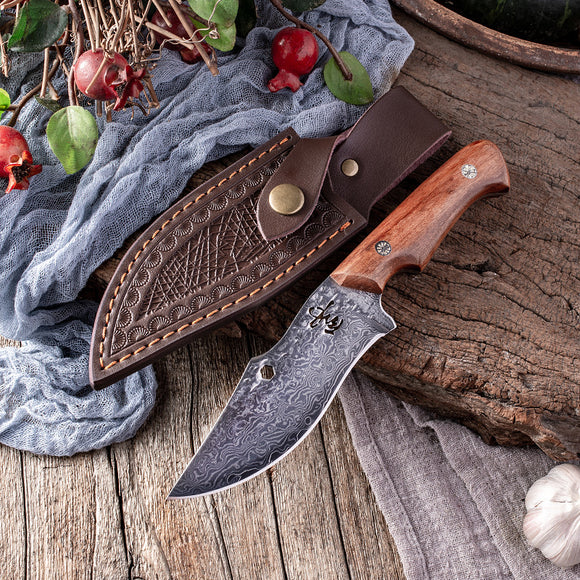 Cuchillo Damasco Premium con Funda de Cuero - Corte Profesional para Carnes y Frutas
