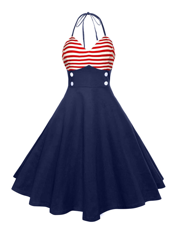 Vestido Vintage Patchwork a Rayas con Estampado de Bandera Americana