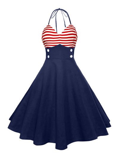 Vestido Vintage Patchwork a Rayas con Estampado de Bandera Americana