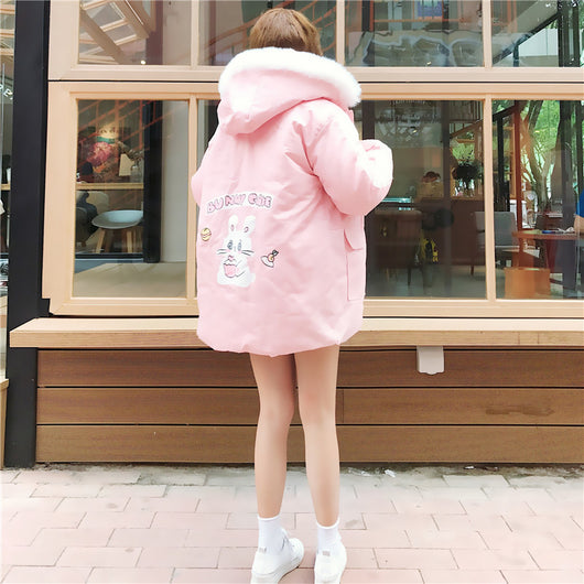 Abrigo Parka Kawaii Conejo Rosa y Lavanda con Capucha y Borde de Pelaje para Invierno - Image 2