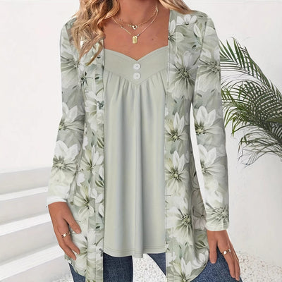 Blusa Estampada Dos en Uno con Botones y Mangas Largas - Image 3