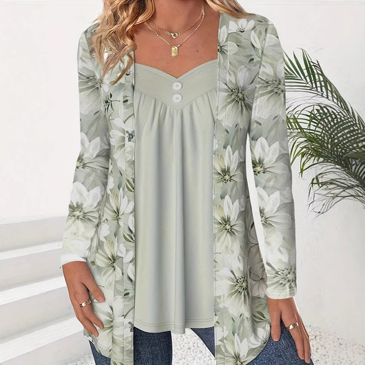 Blusa Estampada Dos en Uno con Botones y Mangas Largas - Image 3