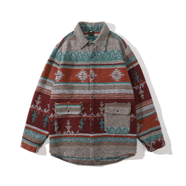Camisa Étnica Suelta de Lana con Contraste de Colores para Hombre