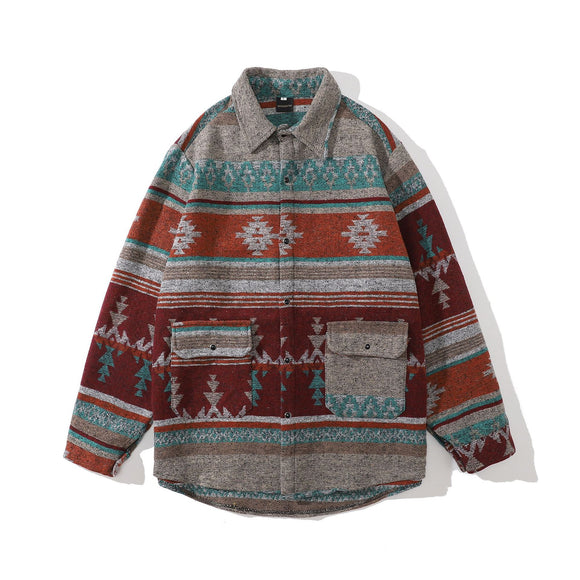 Camisa Étnica Suelta de Lana con Contraste de Colores para Hombre