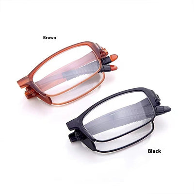 Two pairs of folding anti-blue light reading glasses, one brown and one black, partially folded on a white surface. - Image 10