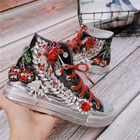 Zapatillas Canvas Altas para Mujer con Flores 3D y Abalorios - Estilo Occidental