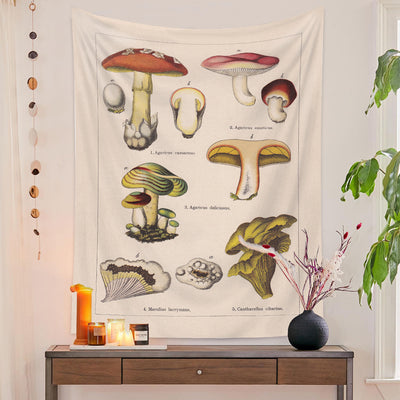 European retro mushroom tapestry with a starry night sky, crescent moon, butterflies, and various colorful fungi and plants. - Image 14