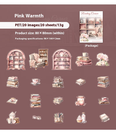 Set of 20 PET stickers featuring watercolor illustrations of cozy reading nooks, bookshelves, books, and related items. - Image 19