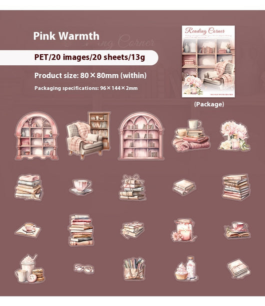 Set of 20 PET stickers featuring watercolor illustrations of cozy reading nooks, bookshelves, books, and related items. - Image 19