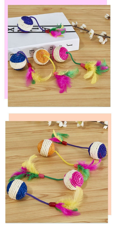 Four sisal ball cat toys with colorful feathers in pink, purple, blue, and teal stripes, for playing and grinding claws. - Image 27