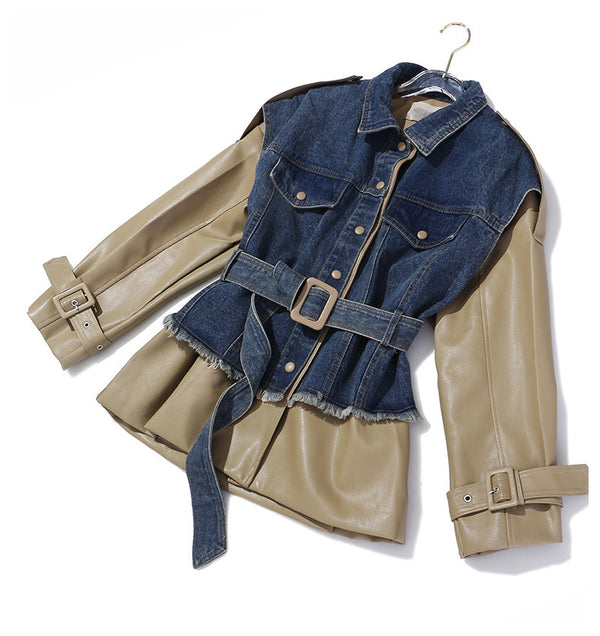 Chaqueta de Cuero con Costuras Denim