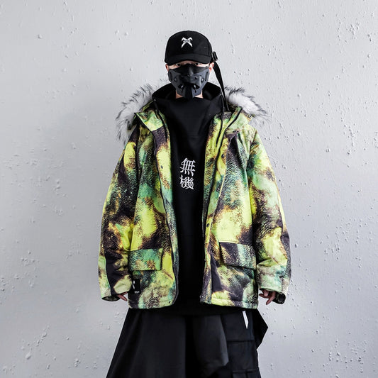 Abrigo de Invierno Hombre Talla Grande Tie-Dye Algodón con Cuello de Piel