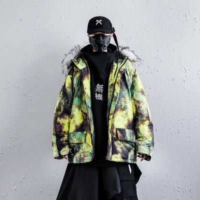 Abrigo de Invierno Hombre Talla Grande Tie-Dye Algodón con Cuello de Piel