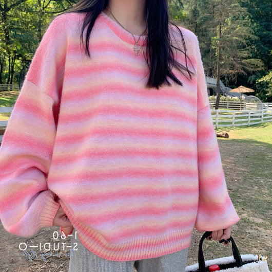 Suéter Retro de Rayas Arcoíris Degradado para Mujer - Image 2