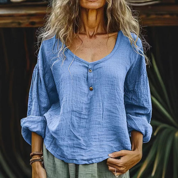 Blusa Feminina Casual Lisa Manga Longa de Linho Solta
