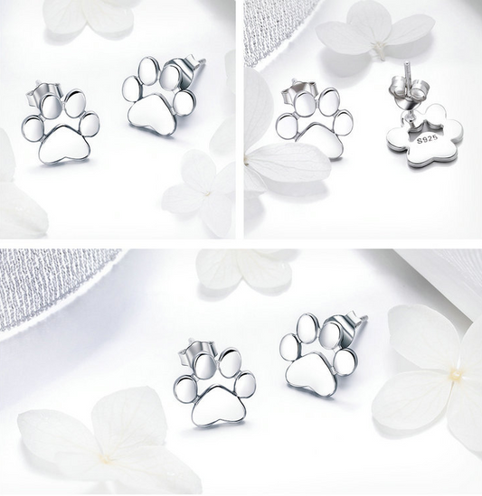 Aretes de Plata S925 con Huella de Mascota y Baño de Oro Blanco