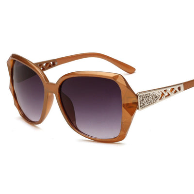 Women's retro big frame sunglasses with brown faceted frames, gradient purple lenses, and rhinestone-detailed silver temples. - Image 7