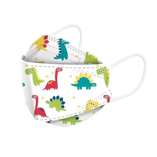 Two white children's face masks with colorful cartoon dinosaurs, including red, green, and teal, on a white display stand. - Image 2