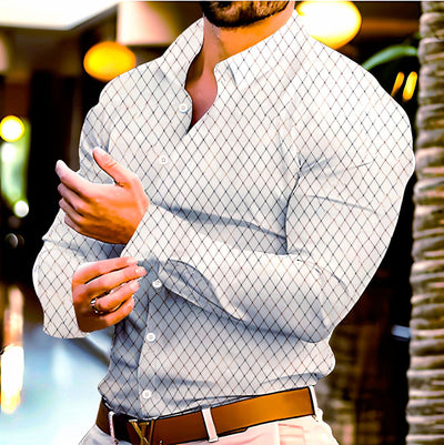 Camisa Casual de Manga Larga para Hombre con Estampado Geométrico en Dorado - Image 8