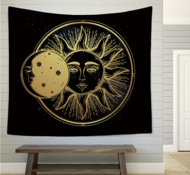 Bohemian sun and moon tapestry with a celestial pattern of golden suns and crescent moons on a dark blue background. - Image 5