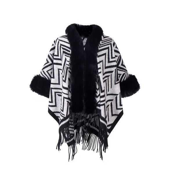 Chal Elegante con Cuello de Piel Jacquard Negro y Gris - Image 4
