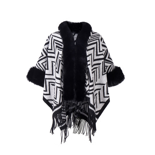 Chal Elegante con Cuello de Piel Jacquard Negro y Gris - Image 4