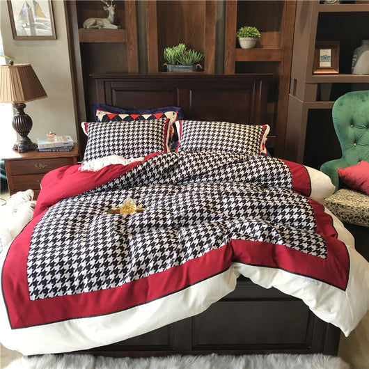 Juego de Cama Retro Americano Algodón Pata de Gallo Terciopelo
