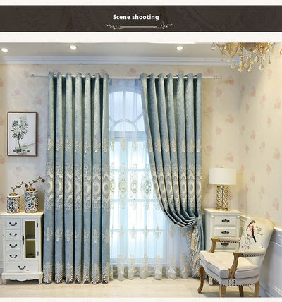 Blue sheer curtain with intricate gold and dark blue embroidery in a European classical style, draped over a window. - Image 11