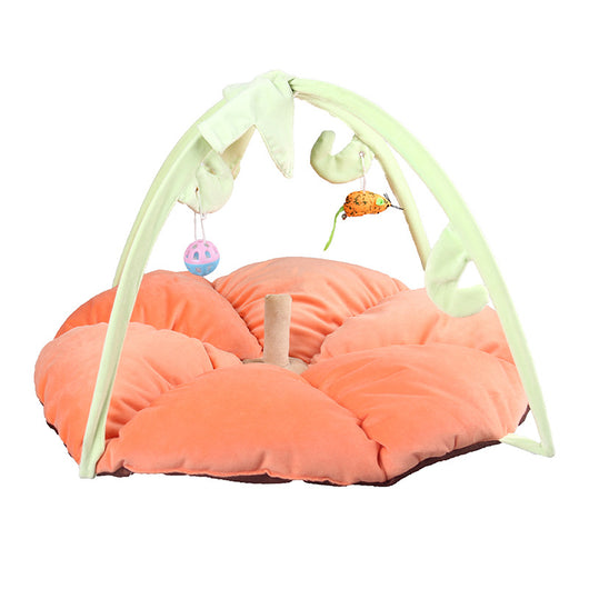 Giraffe print cat playing bed with a plush mat, an overhead arch, and hanging crocheted bird, spotted ball, and mouse toys. - Image 7