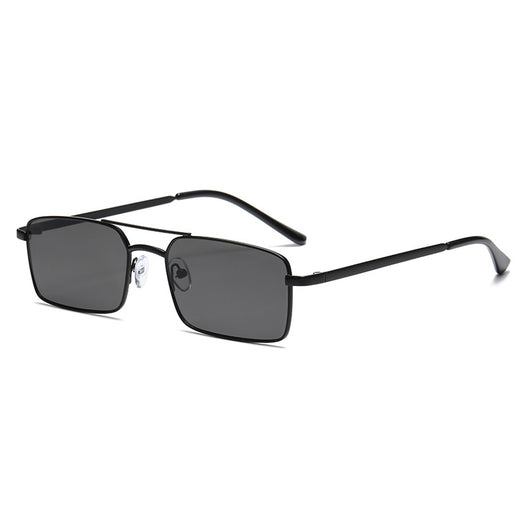 Black rectangular sunglasses with a double beam and dark gray lenses, angled on a white background. - Image 4