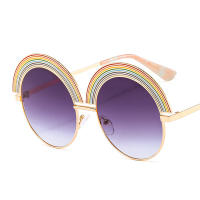 Metal rainbow large round frame sunglasses with pink gradient lenses and a gold-tone frame. - Image 3