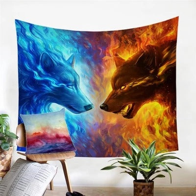 Fire and Ice Wall Tapestry featuring a blue ice wolf and an orange fire wolf facing each other, abstract design. - Image 2