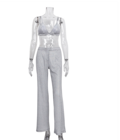 Traje de Noche Brillante con Chaqueta Glitter, Pantalón Slim Cintura Alta y Camisola - Image 6