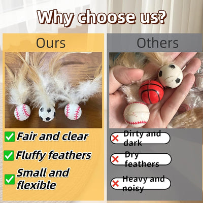 Set of three pet toys: a basketball, baseball, and soccer ball, each with light brown feathers for cats and small dogs. - Image 17