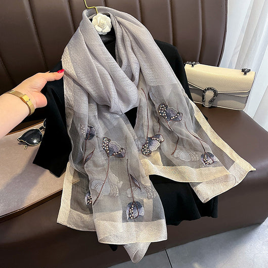 Bufanda de Seda Bordada Estilo Chino con Flores de Perla - Chal Cálido para Mujer - Image 15