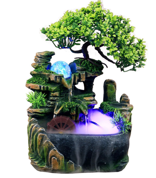Resin desktop fountain with simulation rockery, a green bonsai tree, glowing orb, and water wheel. Measures 30cm tall.