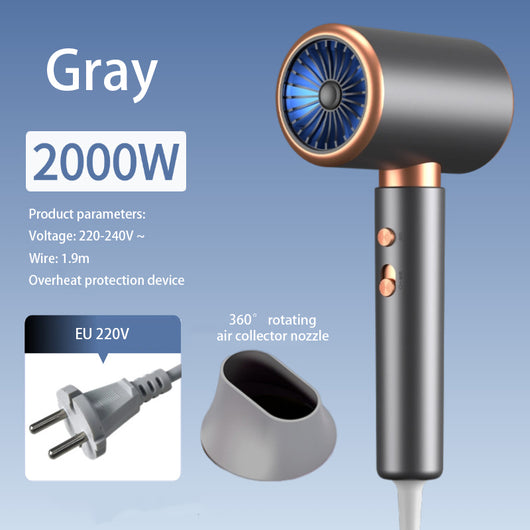 White professional hair dryer with rose gold accents, blue fan, and two control buttons, shown with a US 110V plug and a 360-degree rotating air collector nozzl - Image 10
