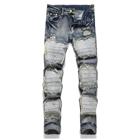 Jeans Slim Fit Azul Retro con Parches para Hombre