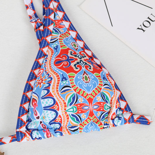 Retro 4-color printed women's bikini with red, blue, and white paisley pattern, featuring a triangle top and high-cut bottom. - Image 29